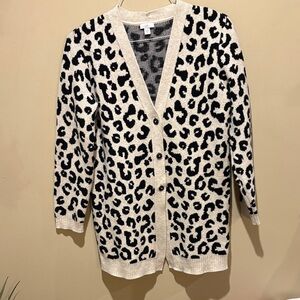 J. Jill Black and Cream Sweater Animal Print Cardigan
